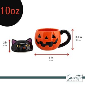 Servette Home Halloween Soup Mug with Lid (Orange Jack 'o Lantern Pumpkin & Black Cat)