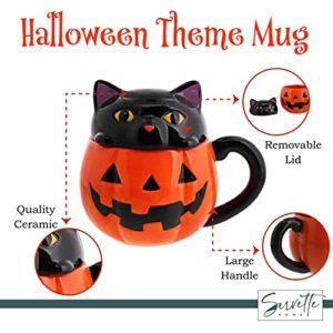 Servette Home Halloween Soup Mug with Lid (Orange Jack 'o Lantern Pumpkin & Black Cat)