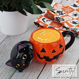 Servette Home Halloween Soup Mug with Lid (Orange Jack 'o Lantern Pumpkin & Black Cat)