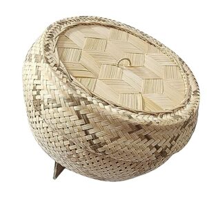 Heavens Tvcz Professional Basket Bamboo Wickerwork Thai Traditional Rice Sticky Steamer Eco-Friendly with Lid Sticky Rice Cooker Steamer Home Electric Cooker Safe Free Cloth 2 Pcs for Asian Food