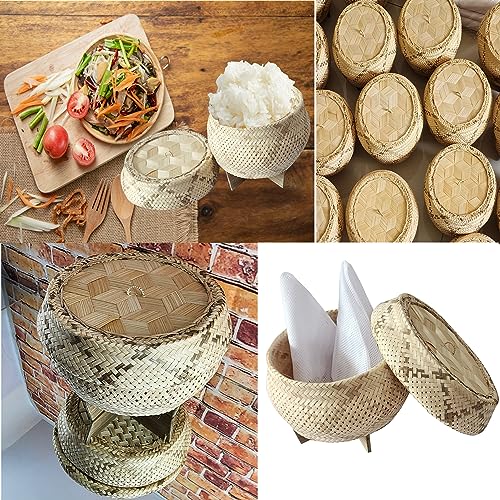 Heavens Tvcz Professional Basket Bamboo Wickerwork Thai Traditional Rice Sticky Steamer Eco-Friendly with Lid Sticky Rice Cooker Steamer Home Electric Cooker Safe Free Cloth 2 Pcs for Asian Food