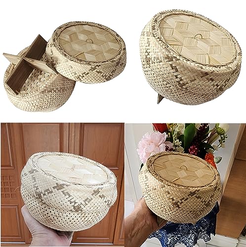 Heavens Tvcz Professional Basket Bamboo Wickerwork Thai Traditional Rice Sticky Steamer Eco-Friendly with Lid Sticky Rice Cooker Steamer Home Electric Cooker Safe Free Cloth 2 Pcs for Asian Food