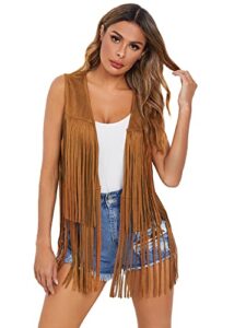 verdusa women's tassel sleeveless vest 70s hippie faux suede fringe jacket cardigan brown l