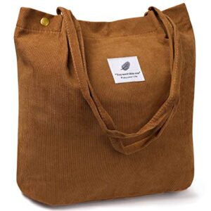ndeno women tote bags grocery shoulder bag corduroy with inner pocket for work beach lunch travel shopping shopper handbags (brown)