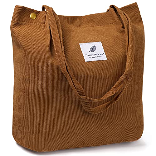 Ndeno Women Tote Bags Grocery Shoulder Bag Corduroy with Inner Pocket for Work Beach Lunch Travel Shopping Shopper Handbags (Brown)