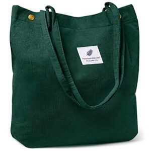 ndeno women tote bags grocery shoulder bag corduroy with inner pocket for work beach lunch travel shopping shopper handbags (green)