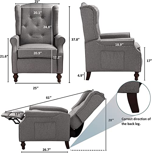 OQQOEE Wingback Recliner Chair with Massage & Heat Vibration, Fabric Push Back Accent Chairs Diamond Tufted Reclining Armchair for Living Room, Bedroom (Fabric, Light Grey)
