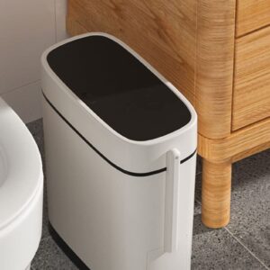 WOA WOA 3.7 Gallons Bathroom Trash Can with Toilet Brush Holder | 14 Liter White Plastic Garbage Can with Black Locking Press Top Lid | Dogproof Slim Rectangular Trash Bin for Toilet