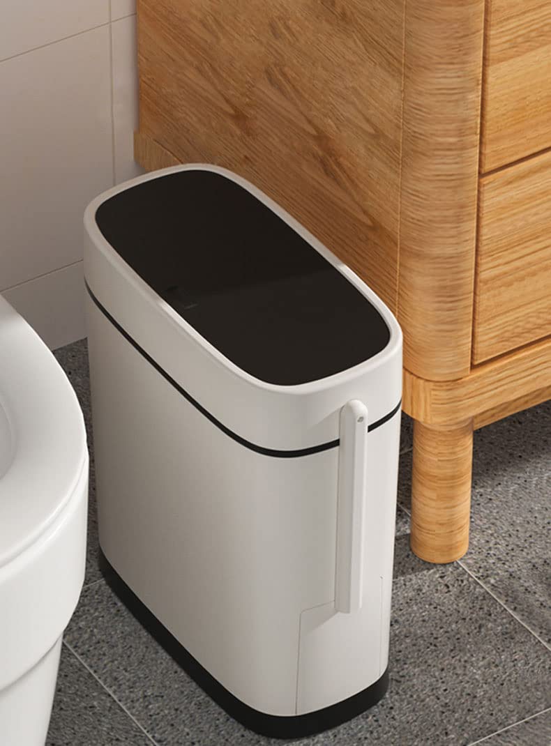 WOA WOA 3.7 Gallons Bathroom Trash Can with Toilet Brush Holder | 14 Liter White Plastic Garbage Can with Black Locking Press Top Lid | Dogproof Slim Rectangular Trash Bin for Toilet
