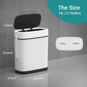 WOA WOA 3.7 Gallons Bathroom Trash Can with Toilet Brush Holder | 14 Liter White Plastic Garbage Can with Black Locking Press Top Lid | Dogproof Slim Rectangular Trash Bin for Toilet