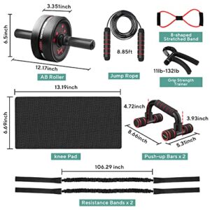 Ab workout equipment, 13-in-1 Roller Wheel Kit, Machine with Resistance Bands, Push Up Bar, Jump Rope, Grip Strength Trainer, Pulling Mat, Perfect for Home & Gym Fitness Equipment