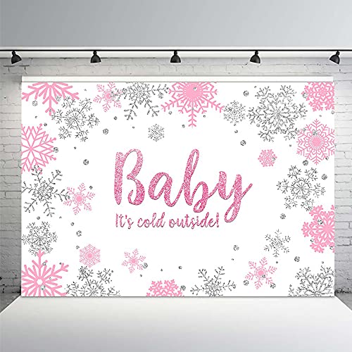 MEHOFOTO 8x6ft Winter Girl Baby Shower Photo Background Props Snowflakes Pink and Silver Backdrops Party Decoration Baby It's Cold Outside Photo Photo Banner for Dessert Table Supplies