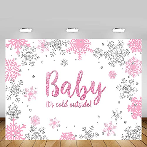 MEHOFOTO 8x6ft Winter Girl Baby Shower Photo Background Props Snowflakes Pink and Silver Backdrops Party Decoration Baby It's Cold Outside Photo Photo Banner for Dessert Table Supplies