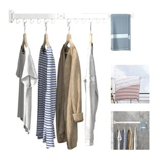ptlsy wall mounted portable folding clothes drying rack with hooks,space saver clothes hangers design universal for balcony, mudroom, bedroom, kitchen, foldable laundry rack (2-pole white)