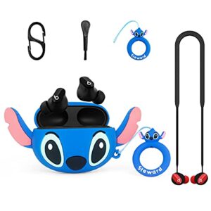 alquar for beats studio buds case, stitch 3d cute cartoon anime soft silicone skin protector cover 5in1 accessories set with keychain/cartoon ring/anti-lost rope and brush for beats studio buds
