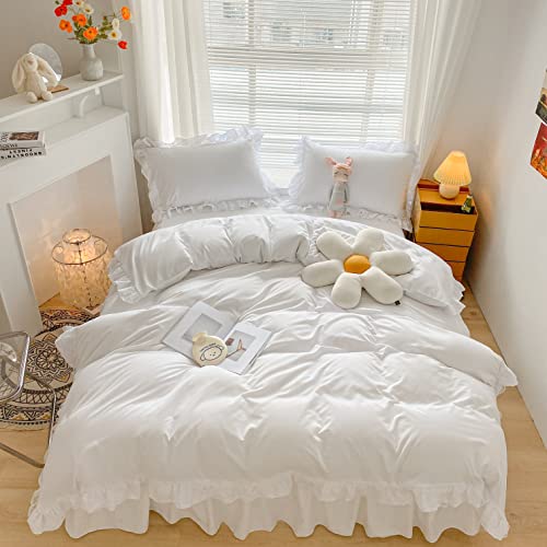 MOOWOO Chic Ruffle Lace Polyester Duvet Cover Set -Girl White Bedding-2 Piece Twin Duvet Cover with Zipper Closure -Ultra Soft and Light Weight(White, Twin)