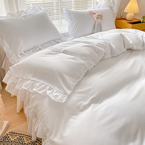 MOOWOO Chic Ruffle Lace Polyester Duvet Cover Set -Girl White Bedding-2 Piece Twin Duvet Cover with Zipper Closure -Ultra Soft and Light Weight(White, Twin)