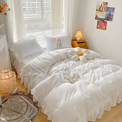 MOOWOO Chic Ruffle Lace Polyester Duvet Cover Set -Girl White Bedding-2 Piece Twin Duvet Cover with Zipper Closure -Ultra Soft and Light Weight(White, Twin)