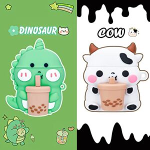 2 Pack for AirPods 2&1 Gen Case Cover, 3D Cute Funny Cartoon Boba Tea Cows & Boba Tea Dinosaurs Shape Apple Airpod Case Soft Silicone Skin with Keychain for Girls Boys Kids Teens (Cow+Dino)