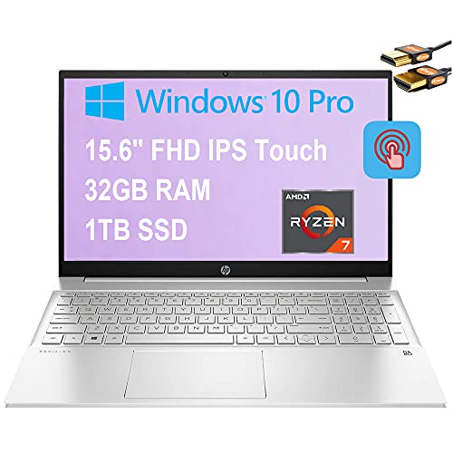 HP Pavilion 15 Flagship Business Laptop 15.6" FHD IPS Touchscreen AMD Octa-Core Ryzen 7 4700U (Beats i7-10710U) 32GB RAM 1TB SSD AMD Radeon Graphics Backlit B&O Audio Win10 Pro Silver + HDMI Cable