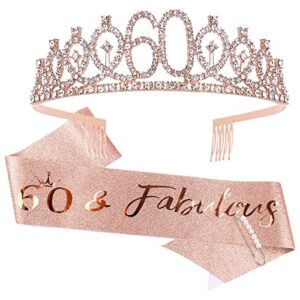 semato 60 & fabulous birthday crown and sash kit- 60th birthday gifts for women 60th birthday party decorations (rose gold)