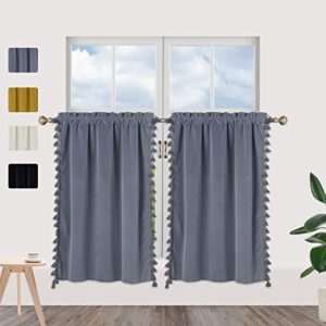 CAROMIO Cafe Curtains Boho Tassels Luxury Velvet Basement Kitchen Window Curtain Panels for Living Room Elegant Home Decor Rod Pocket Window Treatment, Grey, 26" W x 36" L, Set of 2