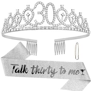 30th birthday sash & rhinestone tiara kit- happy 30th birthday gifts for women 30th birthday party decorations (silver)