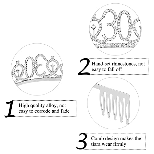 30th Birthday Sash & Rhinestone Tiara Kit- Happy 30th Birthday Gifts for Women 30th Birthday Party Decorations (silver)