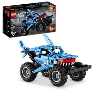 lego technic monster jam megalodon 42134 set - 2 in 1 pull back shark truck to lusca low racer car toy, summer diy building toy ideas for outdoor play for kids, boys, and girls ages 7+