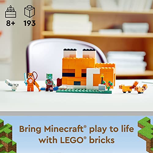 LEGO Minecraft The Fox Lodge House 21178 Animal Toys with Drowned Zombie Figure, Birthday Gift for Kids, Boys and Girls Age 8 Plus Years Old