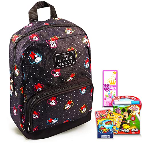 Fast Forward New York Disney Minnie Mouse Preschool Backpack for Kids, Toddlers ~ 5 Pc School Supplies Bundle with Canvas 10 inch Mini Girls, 100+ Stickers, Coloring Book, and More