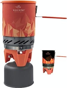 portable backpacking stove wild-wind x0 lightweight camping stove cooking system 1 liter pot, one-piece design camp stove propane for hiking, fishing, hunting emergency & survival (organe)