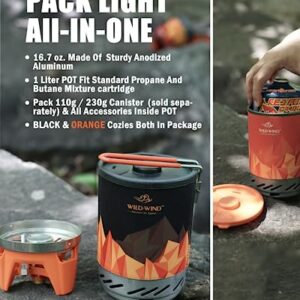 Portable Backpacking Stove WILD-WIND X0 Lightweight Camping Stove Cooking System 1 Liter Pot, One-Piece Design Camp Stove Propane for Hiking, Fishing, Hunting Emergency & Survival (organe)