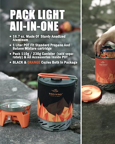 Portable Backpacking Stove WILD-WIND X0 Lightweight Camping Stove Cooking System 1 Liter Pot, One-Piece Design Camp Stove Propane for Hiking, Fishing, Hunting Emergency & Survival (organe)