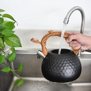 GGC Tea Kettle for Stove Top, Loud Whistling Kettle for Boiling Water Coffee or Milk, 2.7 Quart 3L Heavy Stainless Steel Black Kettle with Wood Pattern Handle, Unique Button Control Kettle Outlet