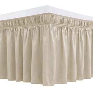 biscaynebay wrap around bed skirts for queen beds 15" drop, light camel elastic dust ruffles with adjustable belts silky luxrious fabric machine washable