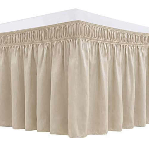 Biscaynebay Wrap Around Bed Skirts for Queen Beds 15" Drop, Light Camel Elastic Dust Ruffles with Adjustable Belts Silky Luxrious Fabric Machine Washable