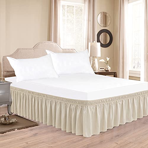 Biscaynebay Wrap Around Bed Skirts for Queen Beds 15" Drop, Light Camel Elastic Dust Ruffles with Adjustable Belts Silky Luxrious Fabric Machine Washable