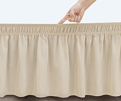 Biscaynebay Wrap Around Bed Skirts for Queen Beds 15" Drop, Light Camel Elastic Dust Ruffles with Adjustable Belts Silky Luxrious Fabric Machine Washable