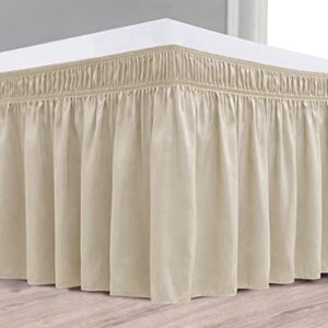 Biscaynebay Wrap Around Bed Skirts for Queen Beds 15" Drop, Light Camel Elastic Dust Ruffles with Adjustable Belts Silky Luxrious Fabric Machine Washable