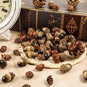 Syhood 200 Pieces Thanksgiving Natural Mini Pine Cone Artificial Acorn Pine Cone Ornament Simulation Lifelike Small Acorn with Natural Cap Fake Craft Acorn Prop for Vase Filler Autumn Winter Home