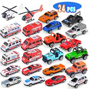 Tcvents Push Cars | Mini Cars | 24 Pack Toy Cars for Toddlers 1-3 Year Old Boys Girls - Small Fire Trucks & Ambulance & Police Vehicles Play Cars Set for Kids 3-7 Party Favors