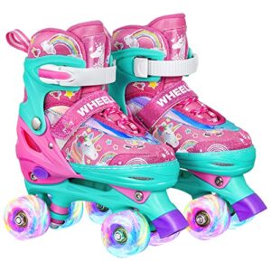 wheelkids roller skates for girls ages 10-12, pink unicorn adjustable rollerskates youth beginners 4 sizes with light up wheels