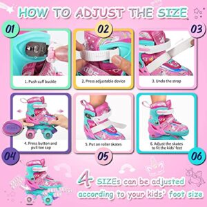 Wheelkids Roller Skates for Girls Ages 10-12, Pink Unicorn Adjustable Rollerskates Youth Beginners 4 Sizes with Light Up Wheels