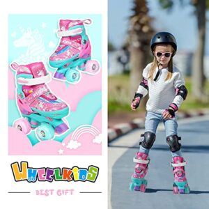 Wheelkids Roller Skates for Girls Ages 10-12, Pink Unicorn Adjustable Rollerskates Youth Beginners 4 Sizes with Light Up Wheels