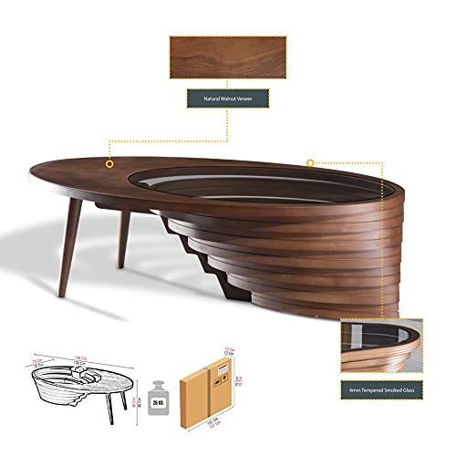 by Papella Design, Natural Walnut Veener Coffee Tables for Living Room, Rustic Table, Mesa De Centro para Sala, Center Table, Glass Table top, Walnut Color, (Drop)