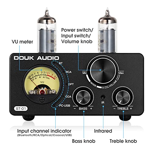 Douk Audio ST-01 200W Bluetooth Amplifier, 2 Channel Vacuum Tube Power Amp with USB DAC/Coaxial Optical Inputs/VU Meter/Treble Bass Control for Home Theater/Stereo Speakers (Upgrade Version)