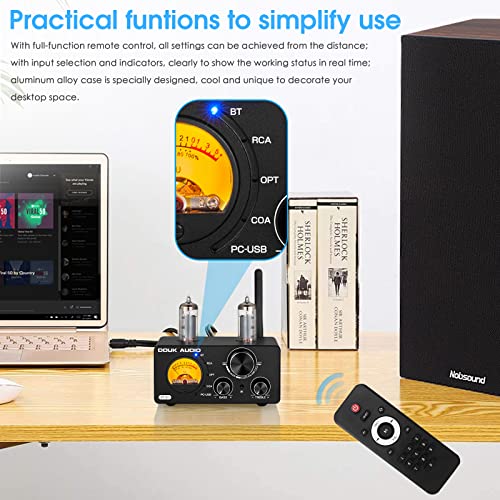 Douk Audio ST-01 200W Bluetooth Amplifier, 2 Channel Vacuum Tube Power Amp with USB DAC/Coaxial Optical Inputs/VU Meter/Treble Bass Control for Home Theater/Stereo Speakers (Upgrade Version)