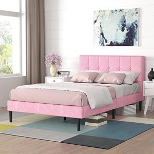 full size fabric upholstered platform bed frame with button tufted stitched headboard, mattress foundation with metal wood slat support, no box spring needed, noise free design, easy assembly, pink