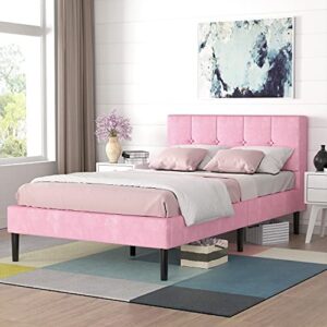 twin size fabric upholstered platform bed frame with button tufted stitched headboard, mattress foundation with metal wood slat support, no box spring needed, noise free design, easy assembly, pink